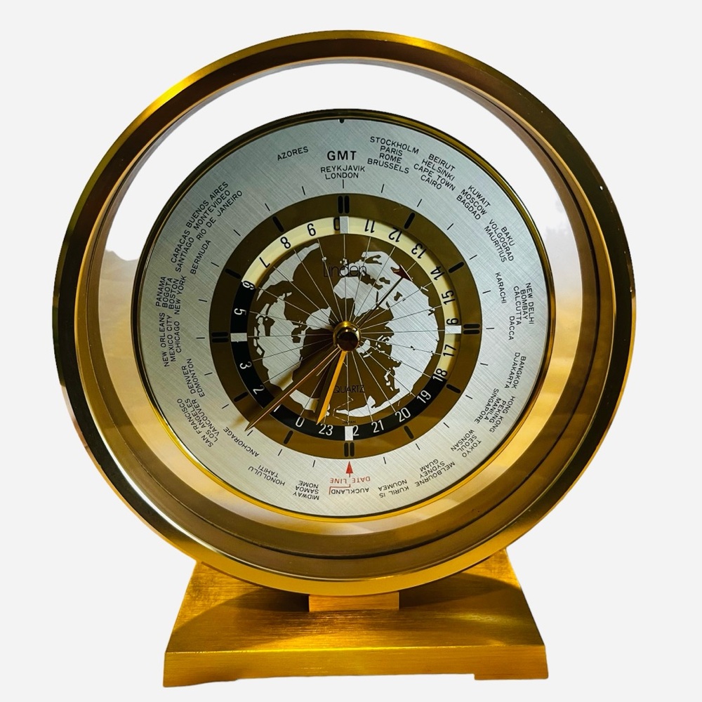 MCM Linden Quartz Clock, World Time, Vintage, Gold, Silver and Glass, Office